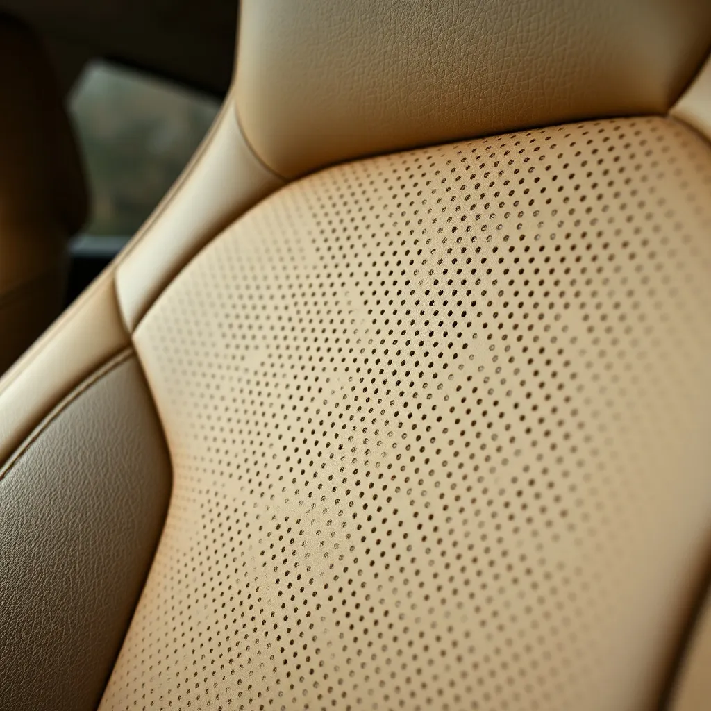 Close-up macro shot of high-quality perforated beige car lea
